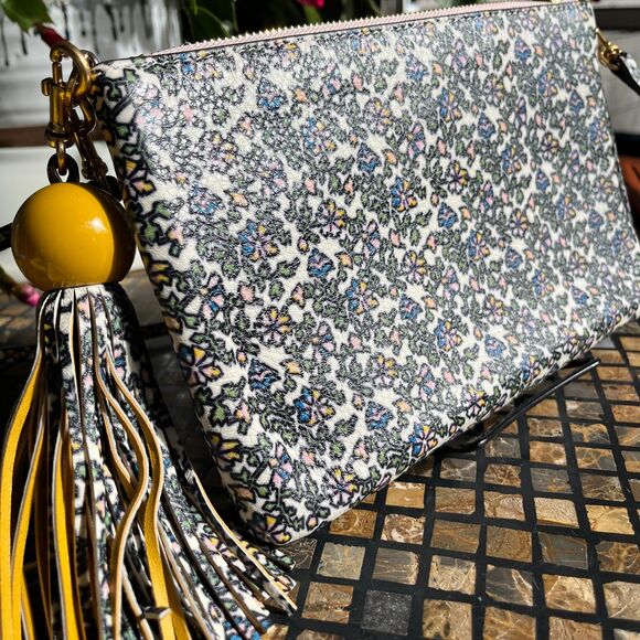 Tory Burch Colorblock Tassel Crossbody Bag Goan Sand Floral & Daisy Yellow EUC - Picture 7 of 8